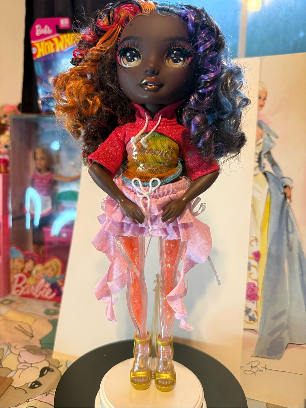 Multicolor Curly-Haired Fashion Doll with Pink Ruffle Skirt